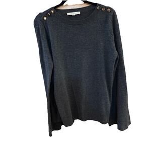 Loft Gray Crew Neck Pullover Sweater Sz M Gold Button Accents Bell Sleeves